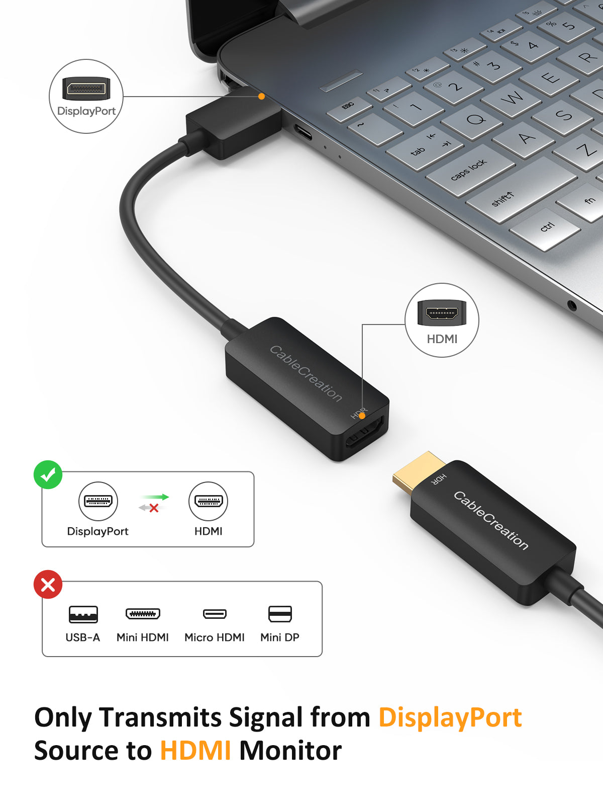 Active DP to HDMI Cable HDR 4K@60Hz 2K@144Hz 1080P@144Hz CableCreation 8FT  Unidirectional DisplayPort to HDMI Monitor Cable DP 1.4 to HDMI 2.0 Braided  Support Eyefinity Multi-Display Alumium 