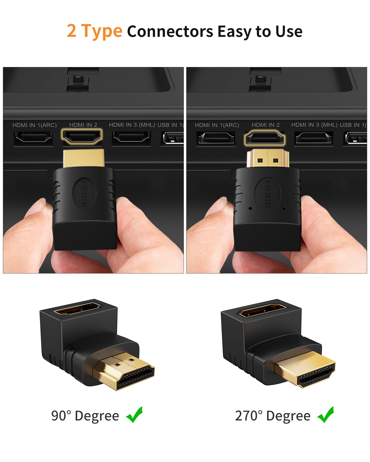 HDMI Right Angle 90 Degree Adapter – Male To Female, 2 Pack, 4K UHD 1080P, Black